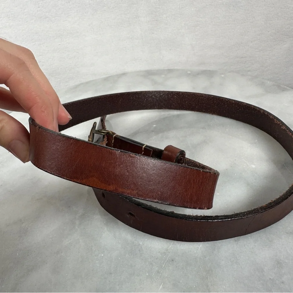 Vintage Chico’s large‎ Brown Leather Belt Brass Buckle thin boho bohemian